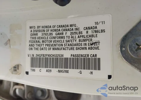 2012 Honda Civic Sdn Ex-L from USA, damaged, VIN 2HGFB2F90CH532534